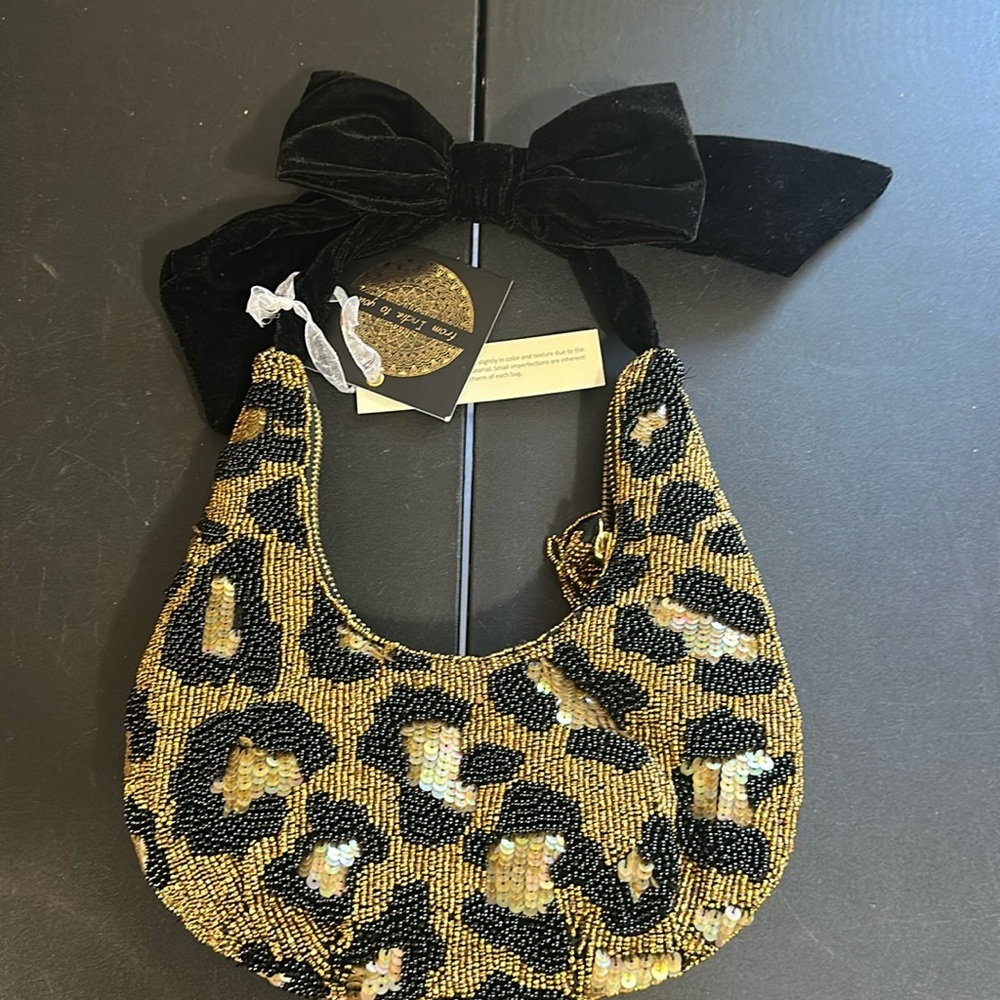 From India to you cheetah beaded shoulder Bag with velvet strap